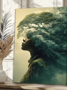 Surreal Woman Tree Art Print in Green and Cream 12x18 Canvas